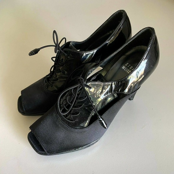 Stuart Weitzman Lace Up Pump Bootie Black Patent Leather Satin Cut Out P… - Picture 4 of 8